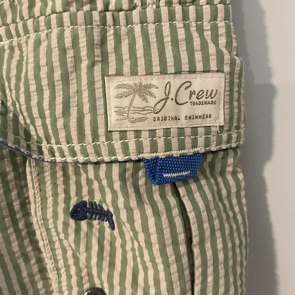 J Crew Swim Shorts Sz 32 Green Striped Seersucker Fish Embroidered Trunks